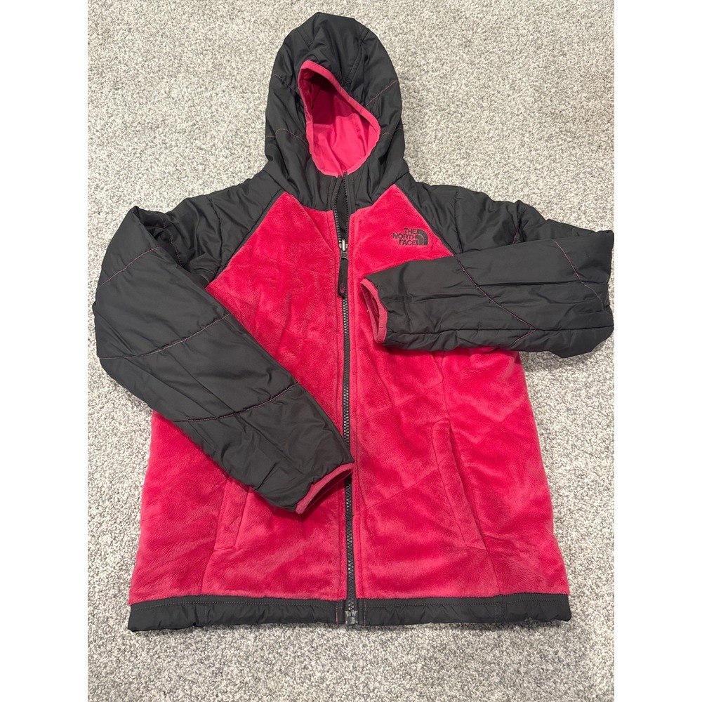 North Face Girls M 10/12 Reversible Jacket Pink Black Fleece Hooded NF0A2TMJ